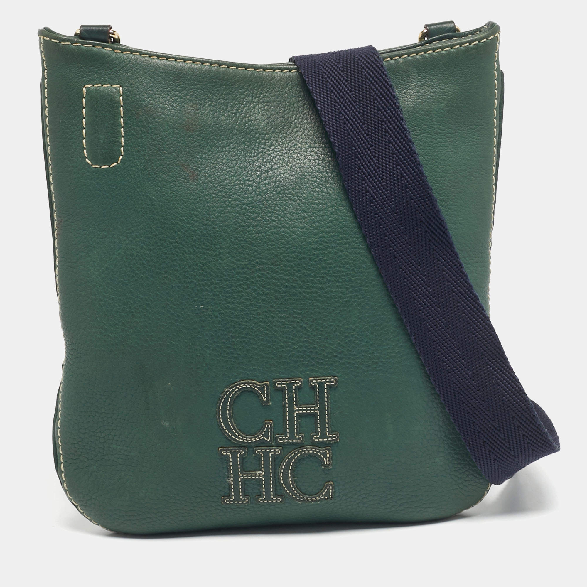 Pre Owned CH Carolina Herrera Green Leather Flat Crossbody Bag