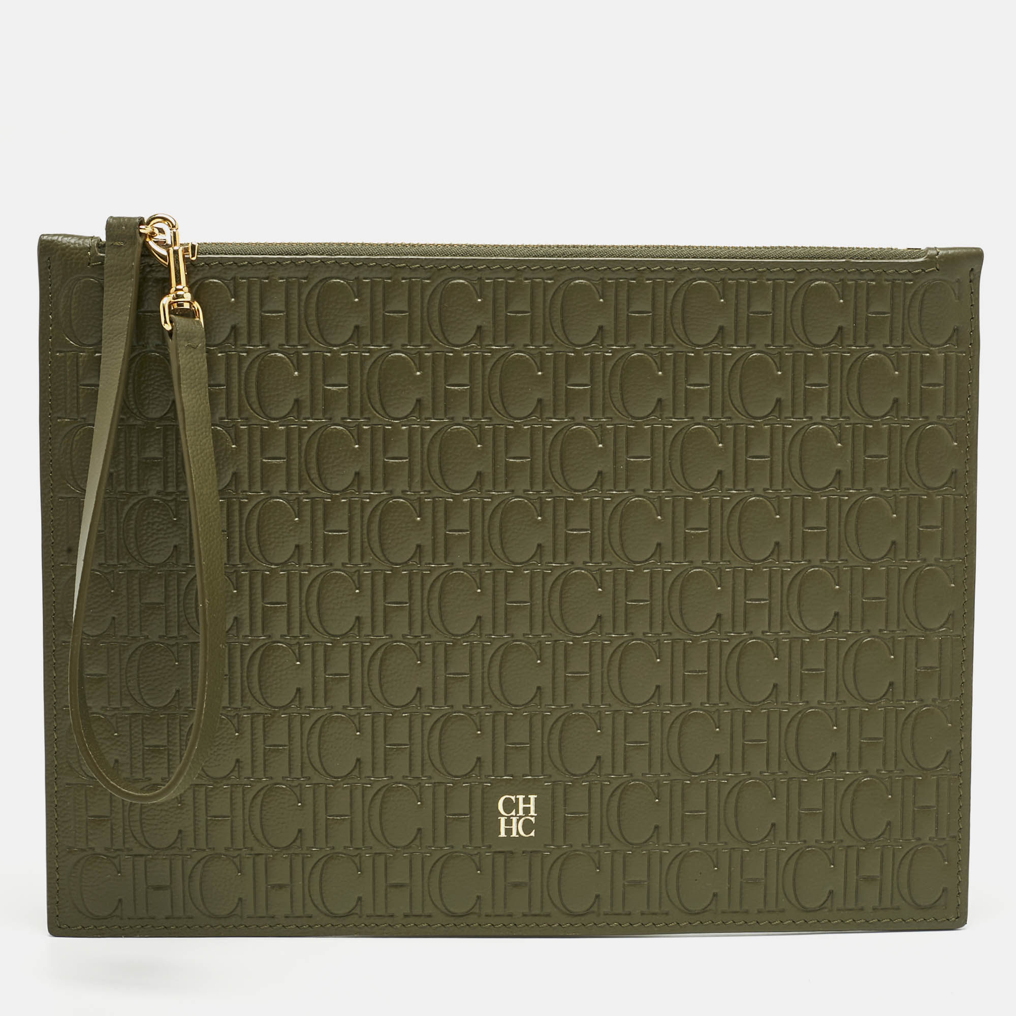 Pre Owned CH Carolina Herrera Khaki Monogram Leather Editors Continental Pouch