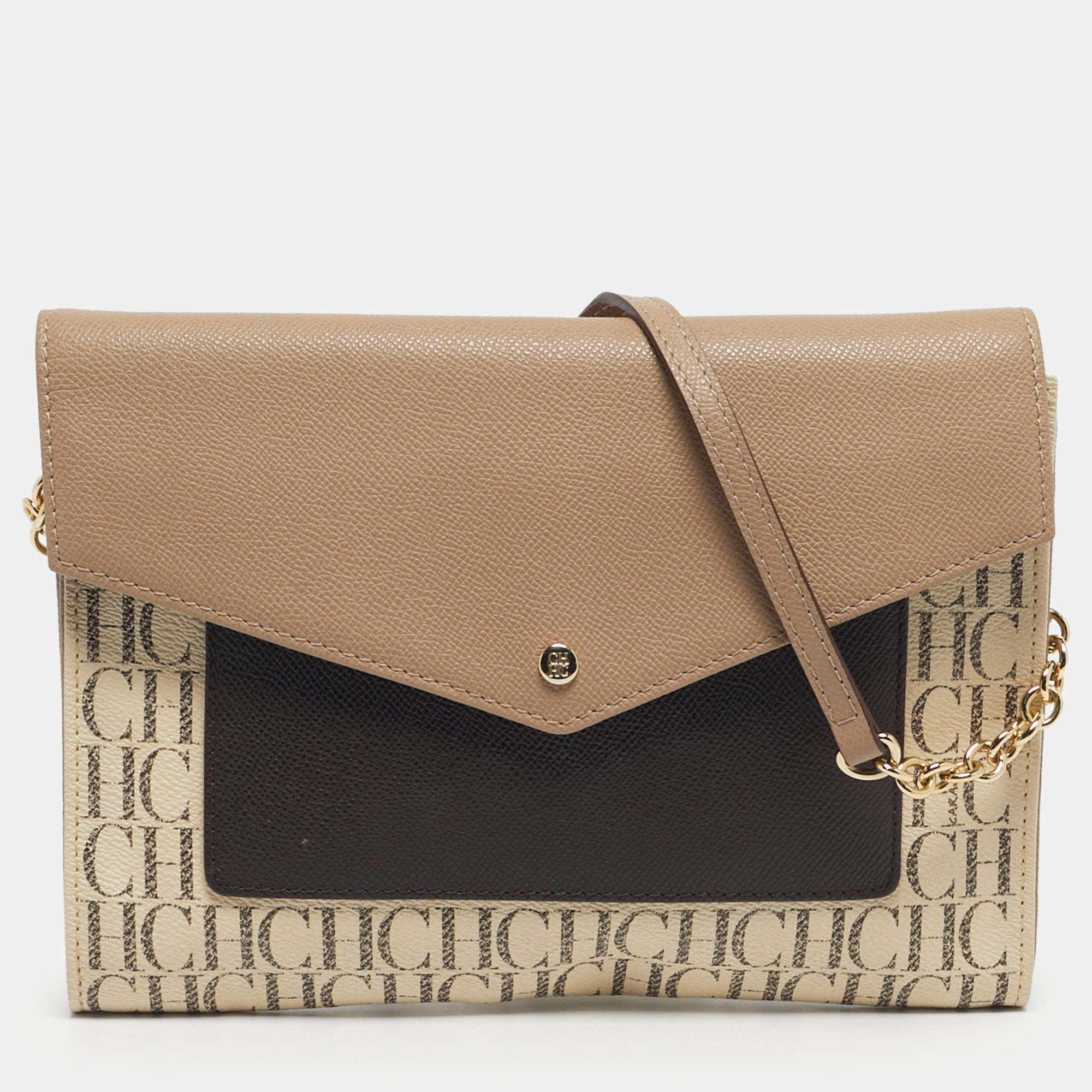 Pre Owned CH Carolina Herrera Tricolor Coated Canvas and Leather Envelope Crossbody Bag