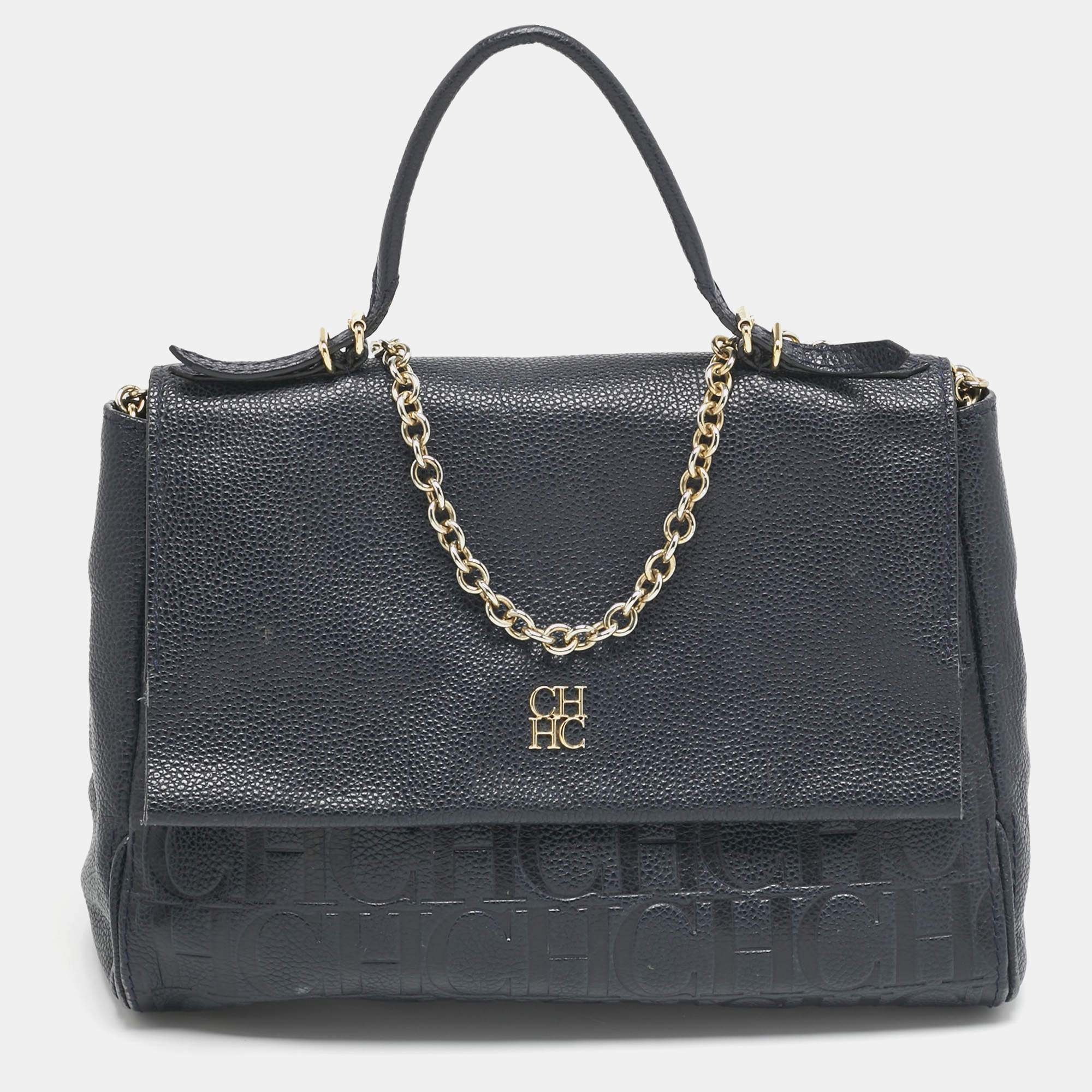 Pre Owned CH Carolina Herrera Navy Blue Leather Minuetto Flap Top Handle Bag