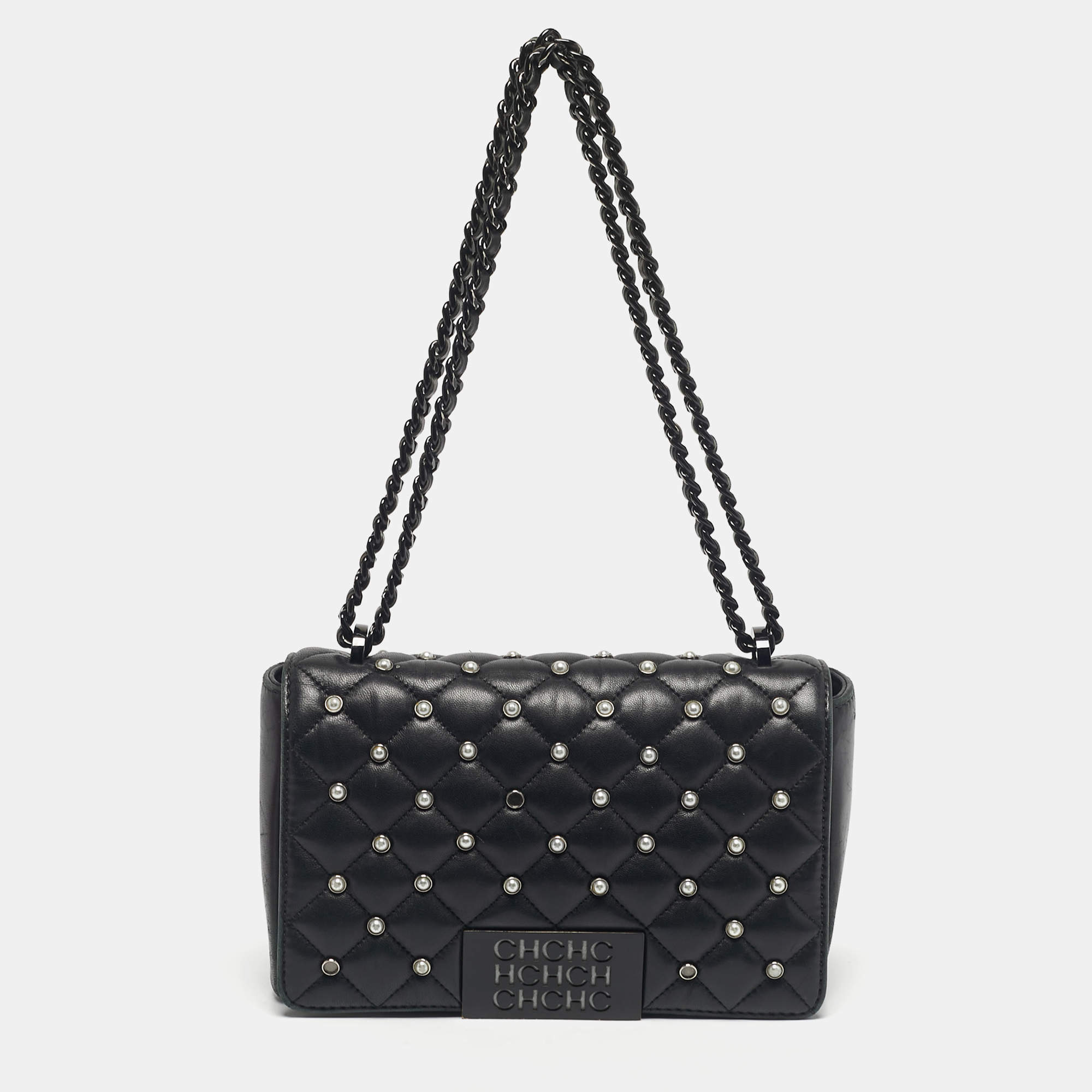 Pre Owned CH Carolina Herrera Black Quilted Leather Pearl Studded Flap Chain Shoulder Bag