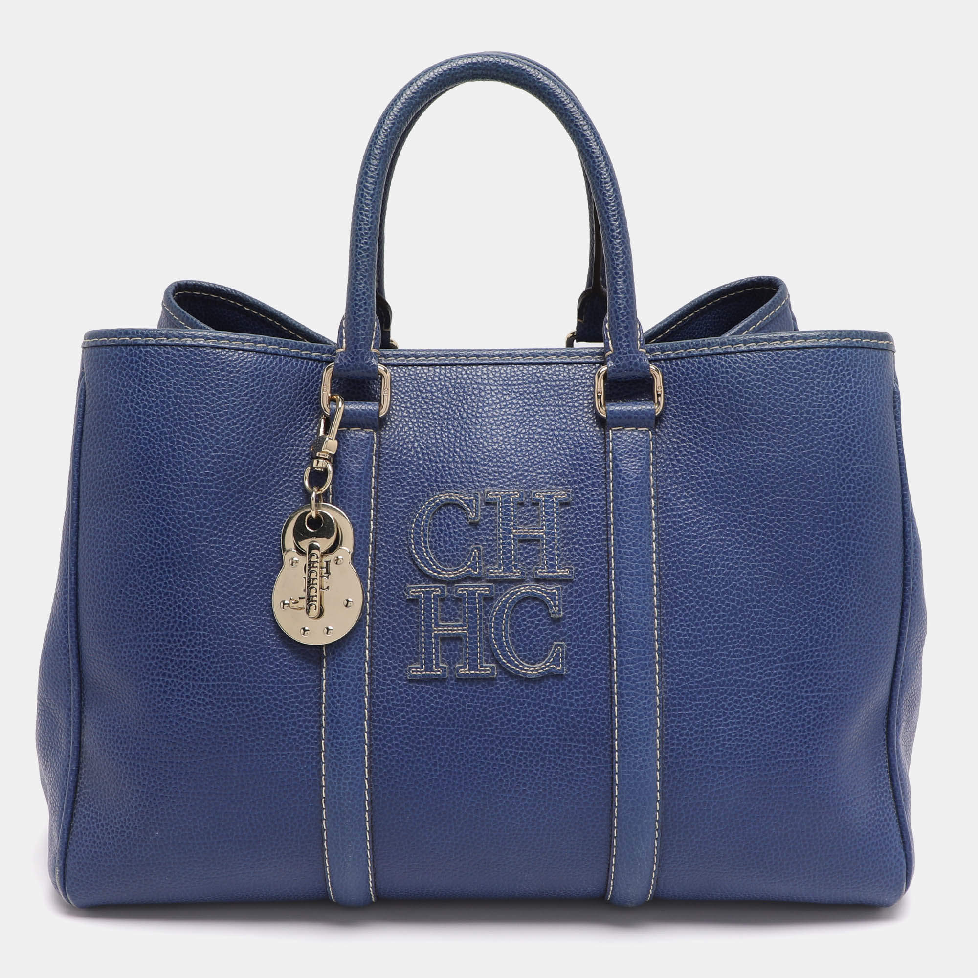 Pre Owned CH Carolina Herrera Blue Grained Leather Matteo Tote