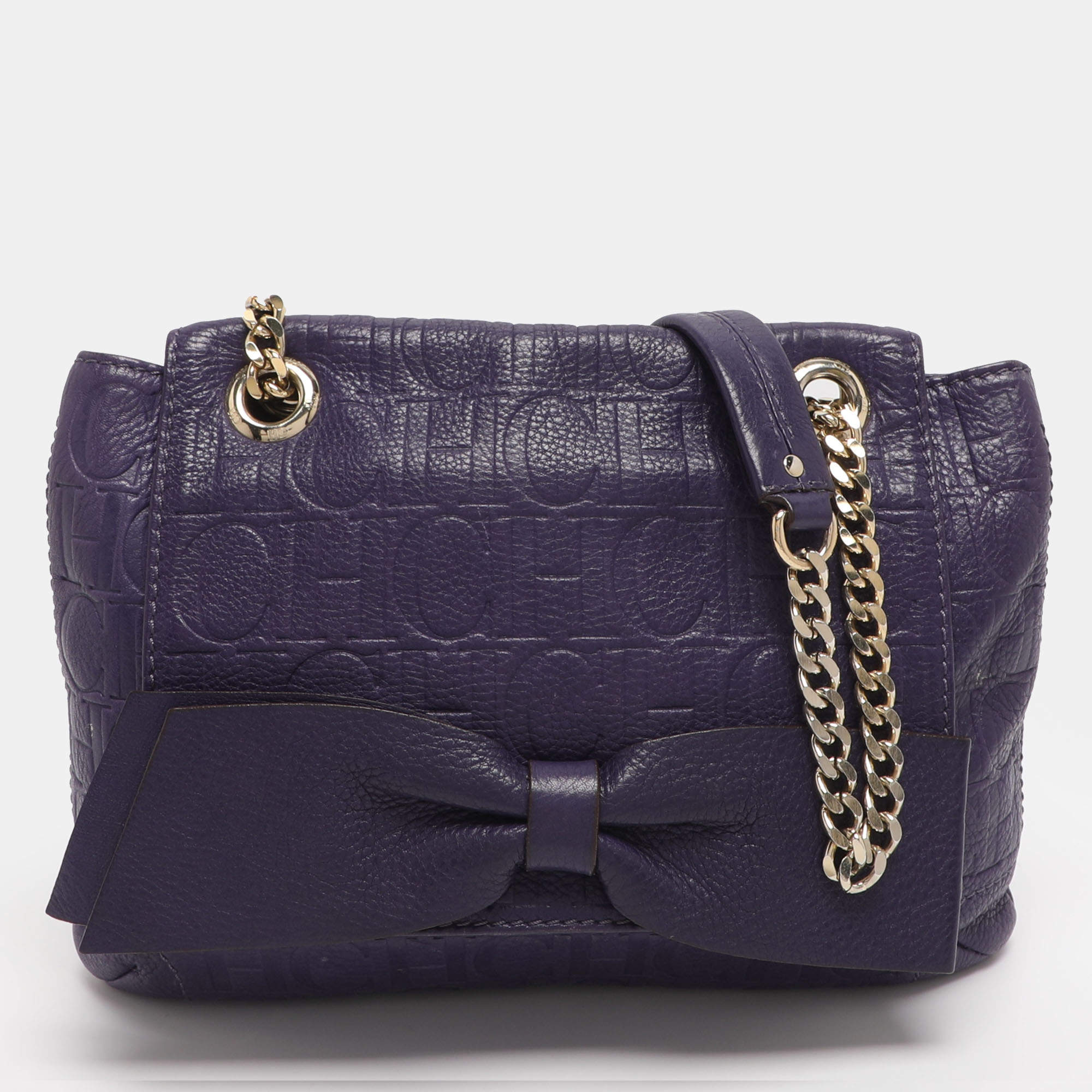 Pre Owned CH Carolina Herrera Purple Monogram Embossed Leather Audrey Shoulder Bag