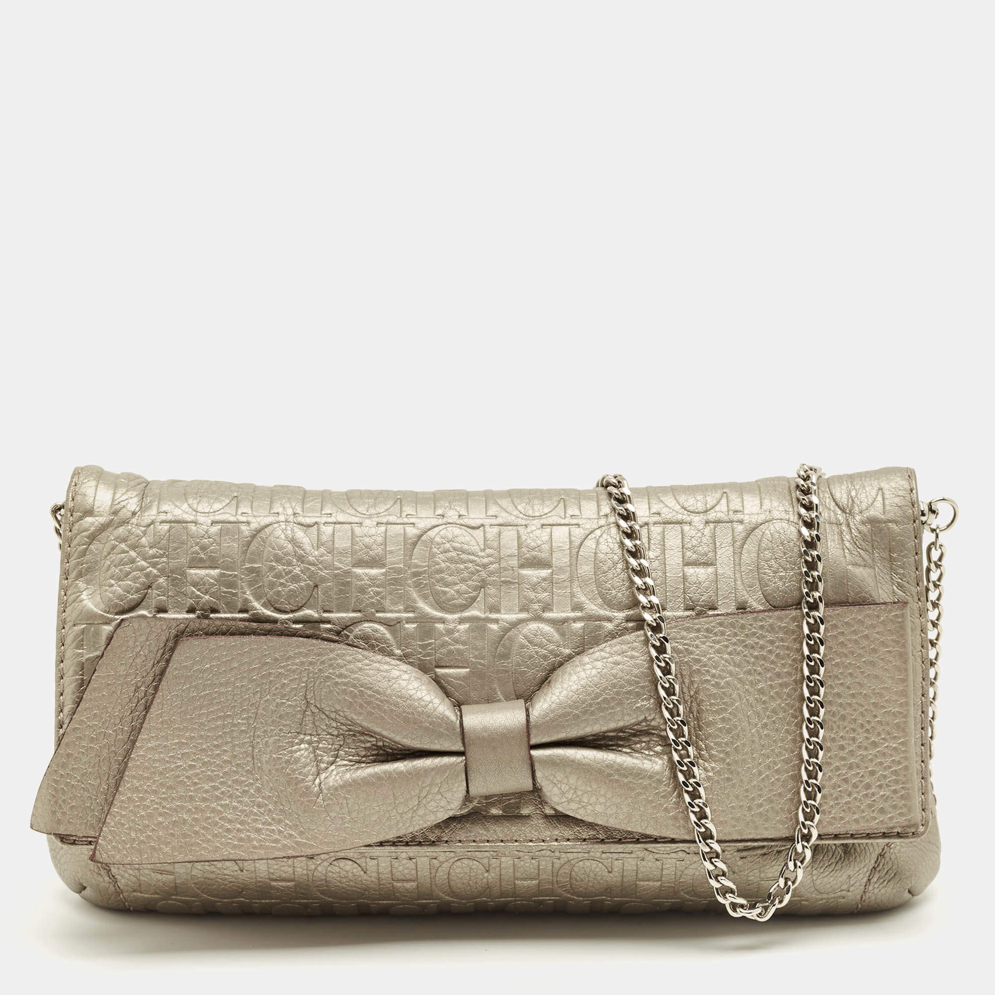 Pre Owned CH Caroline Herrera Metallic Grey Monogram Embossed Leather Bow Chain Clutch