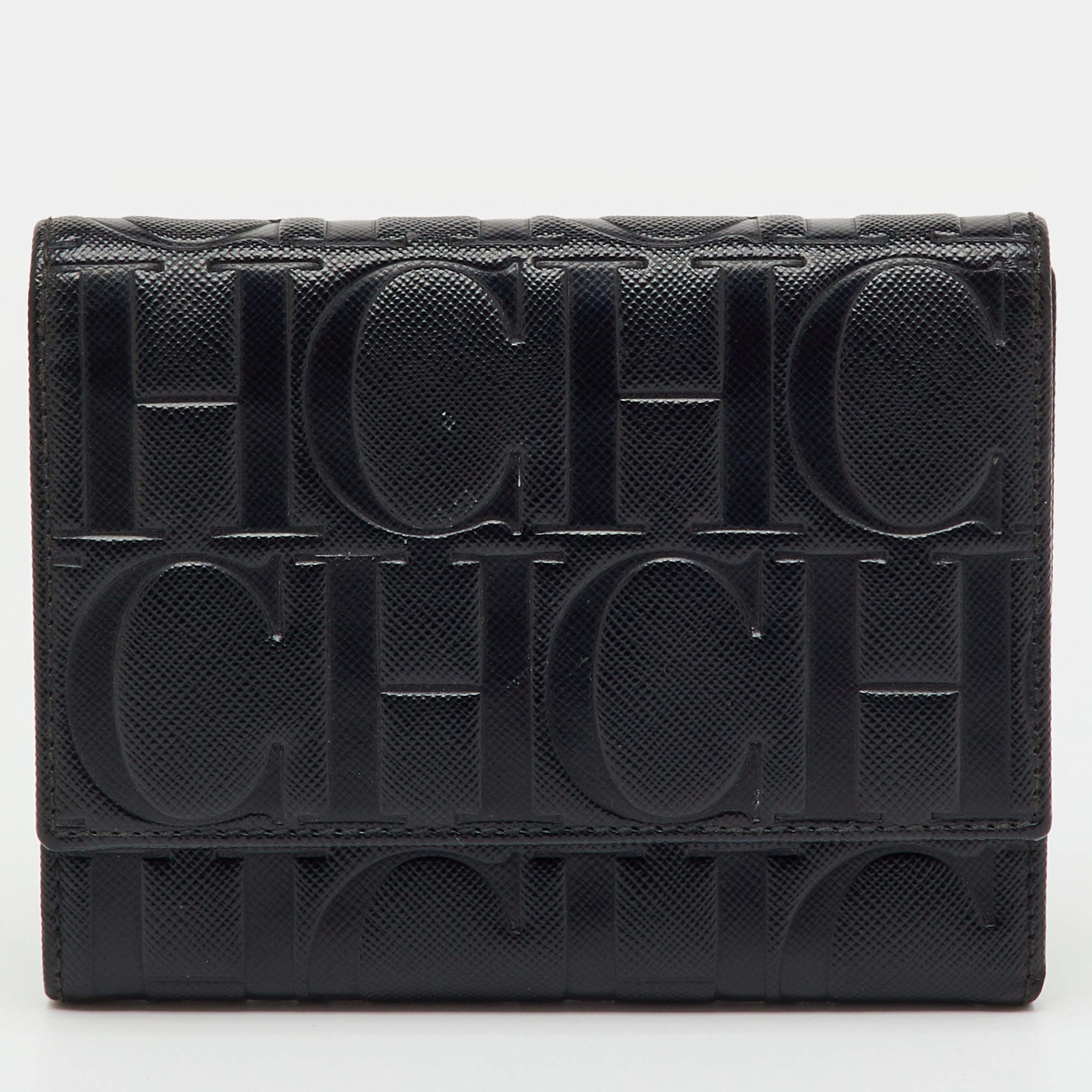 Pre Owned CH Carolina Herrera Black Leather Logo Embossed Trifold Wallet