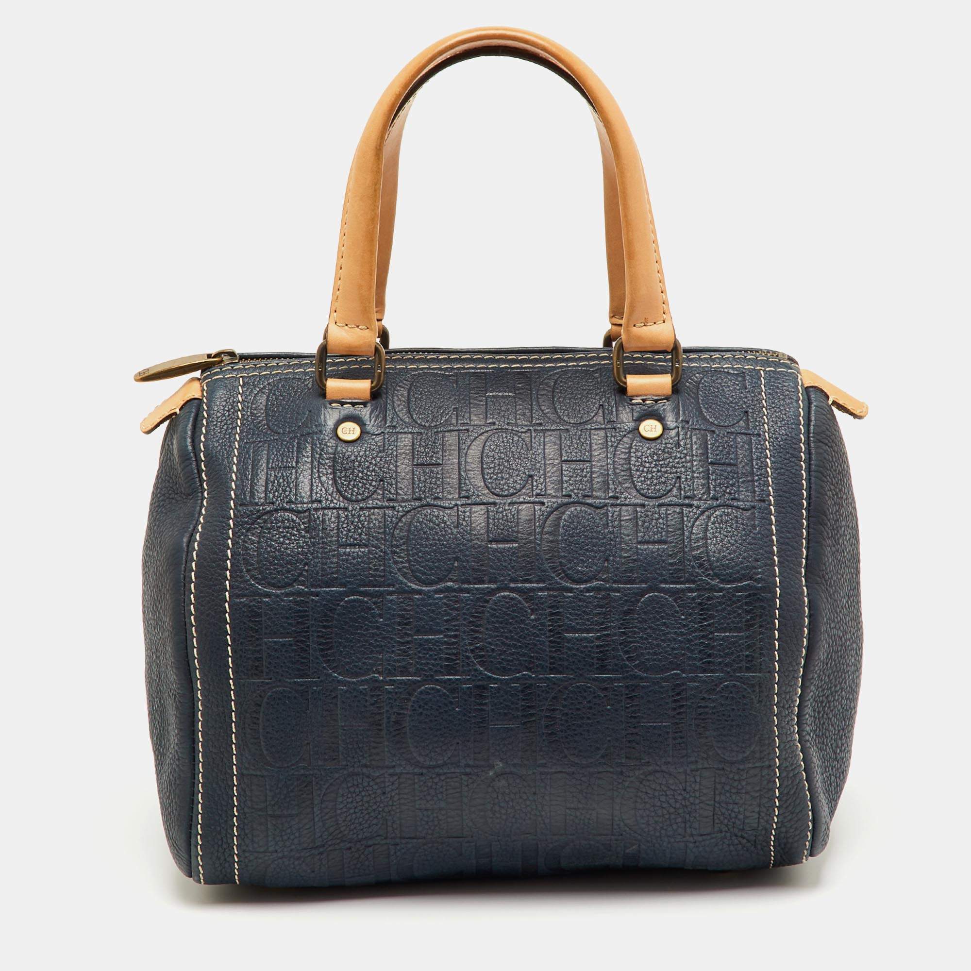 Pre Owned CH Carolina Herrera Navy Blue Monogram Embossed Leather Andy Boston Bag