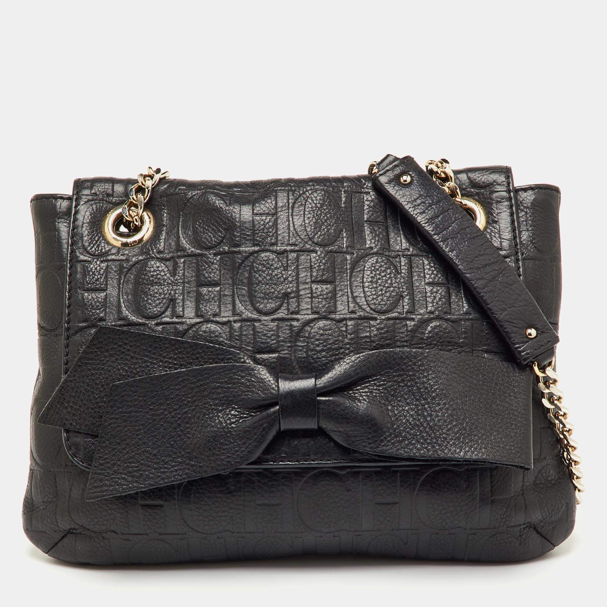 Pre Owned CH Carolina Herrera Black Monogram Embossed Leather Audrey Bow Flap Shoulder Bag