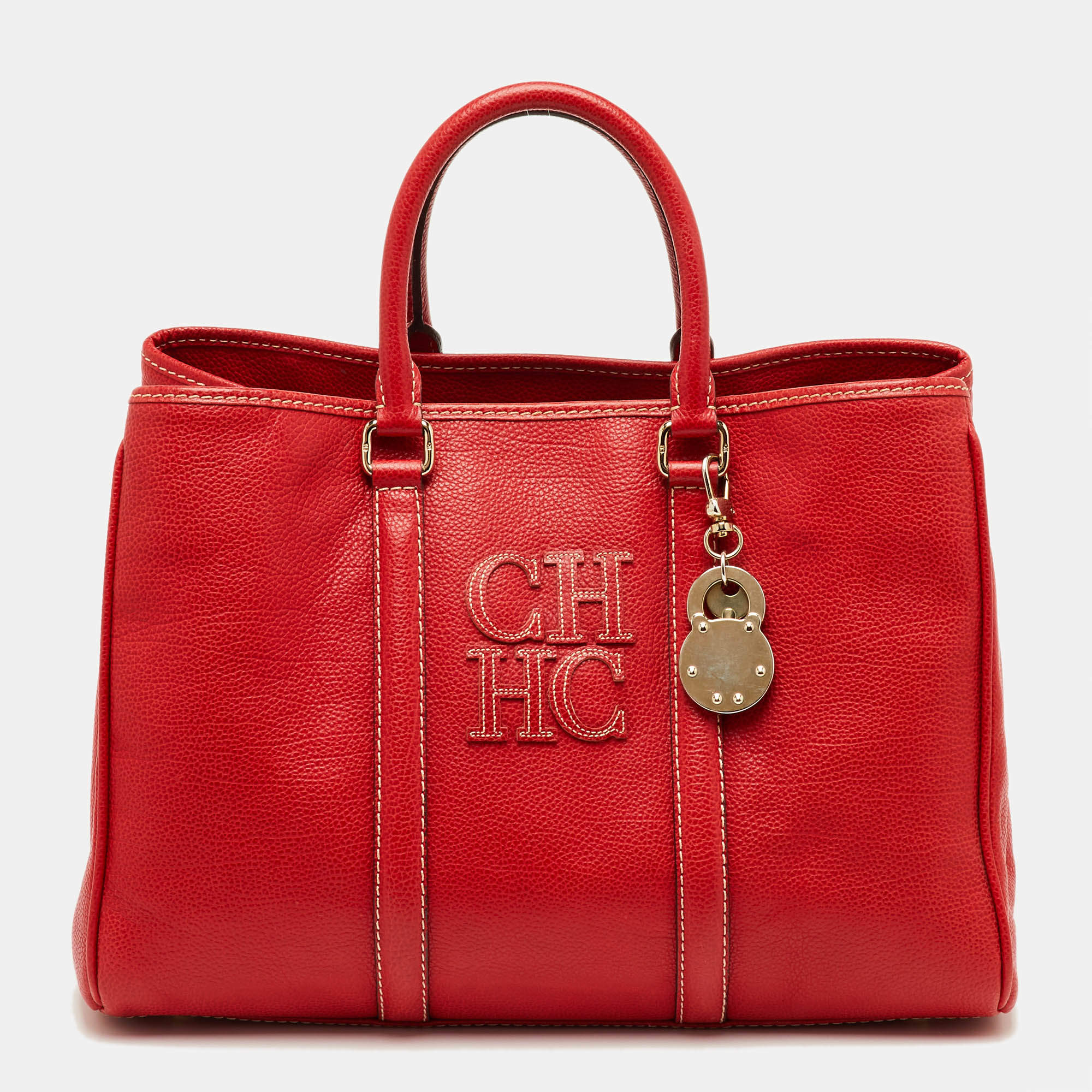Pre Owned CH Carolina Herrera Red Grained Leather Matteo Tote