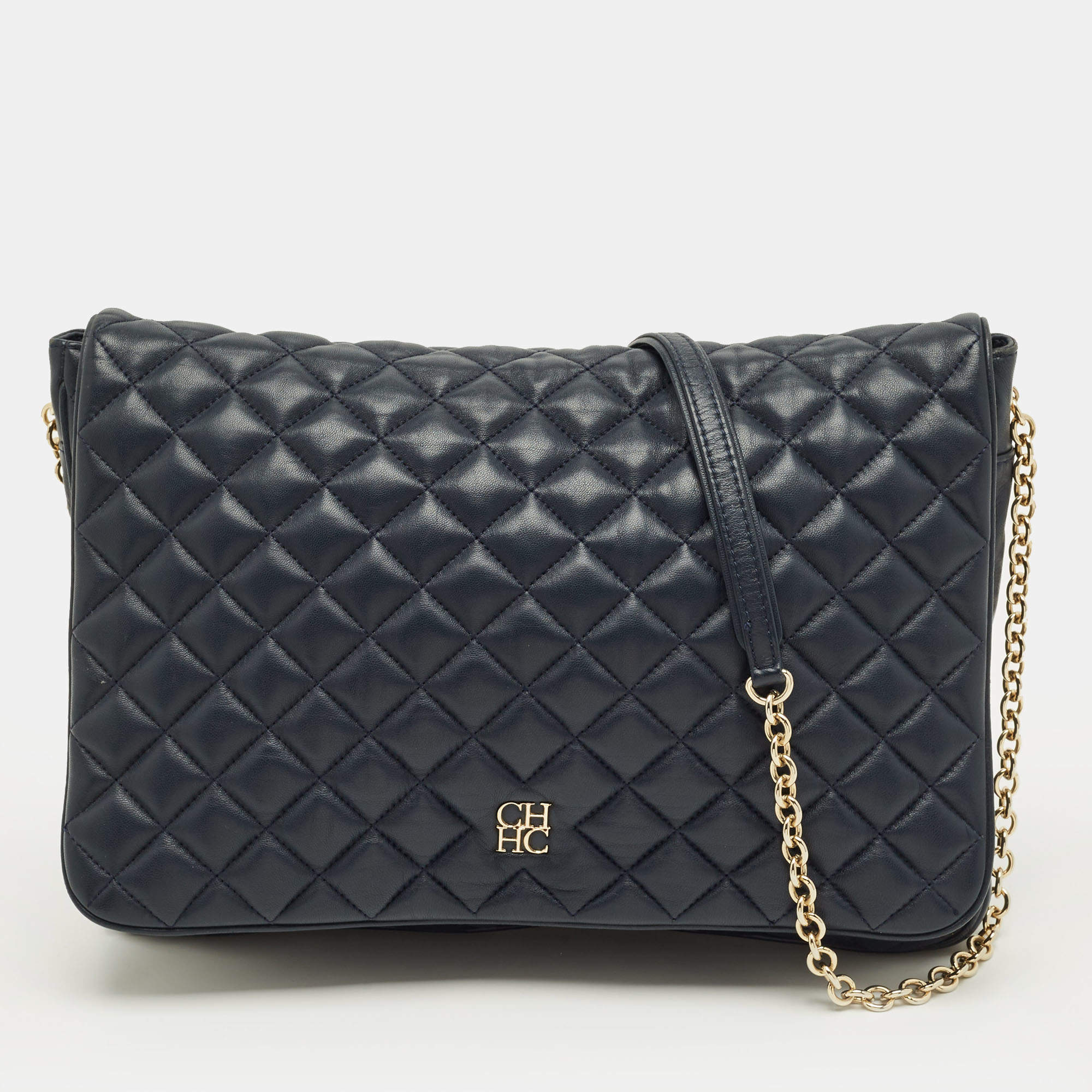 Pre Owned CH Carolina Herrera Flap Chain Navy Blue Quilted Leather Shoulder Bag