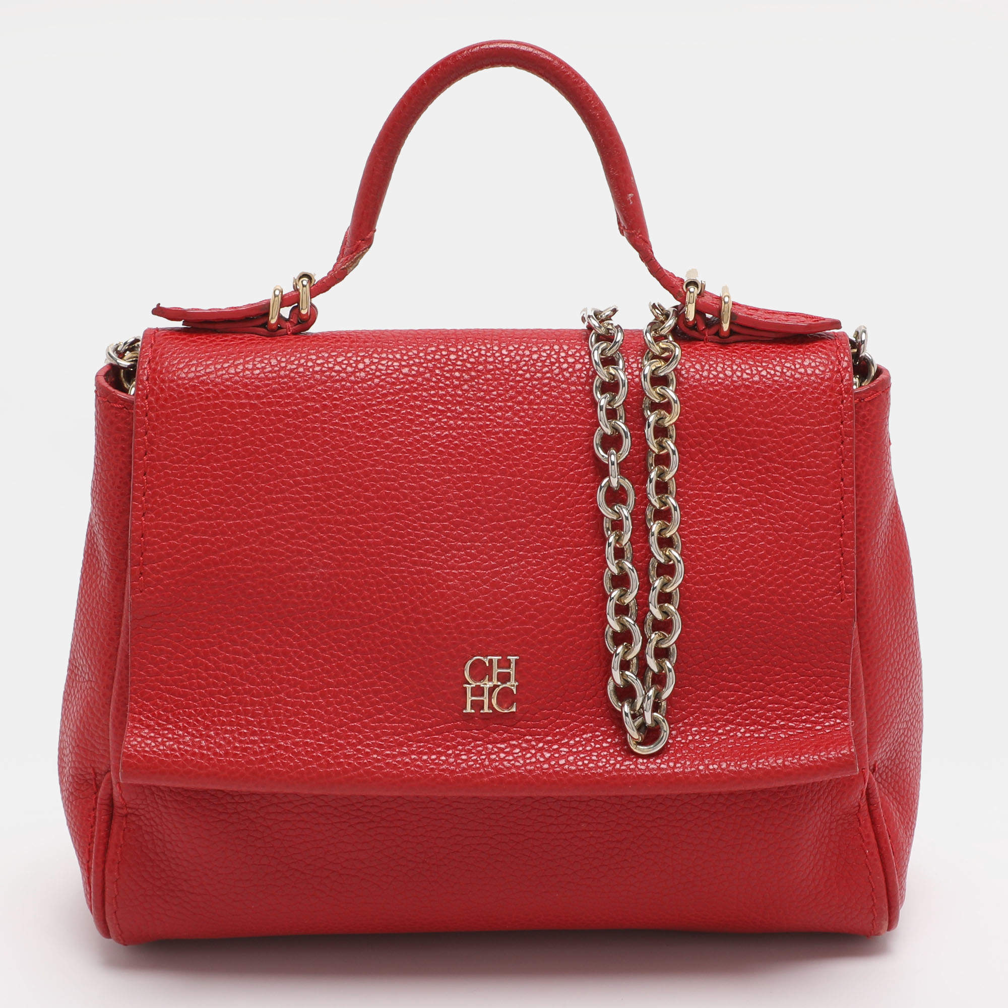 Pre Owned CH Carolina Herrera Minuetto Small Red Leather Top Handle Bag 