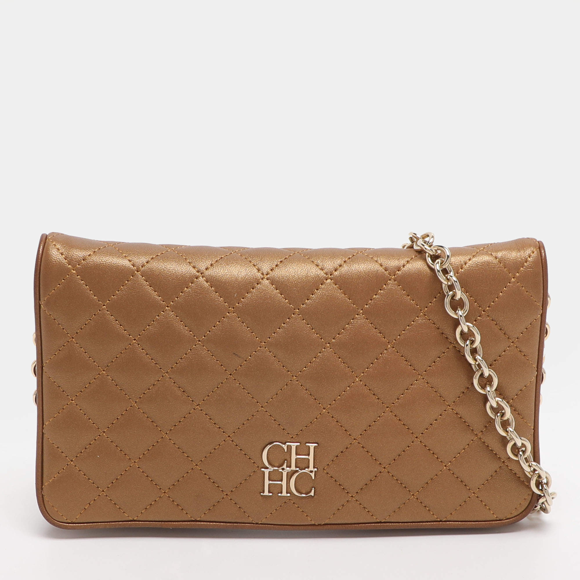 مملوكة مسبقًا CH Carolina Herrera Gold Quilted Leather Flap Shoulder Bag