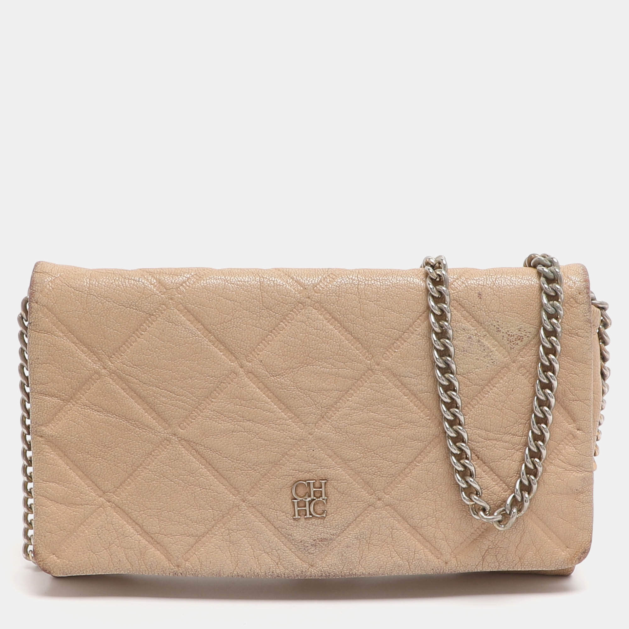 Pre Owned حقيبة كلتش كارولينا هيريرا سلسلة جلد مبطن بيج