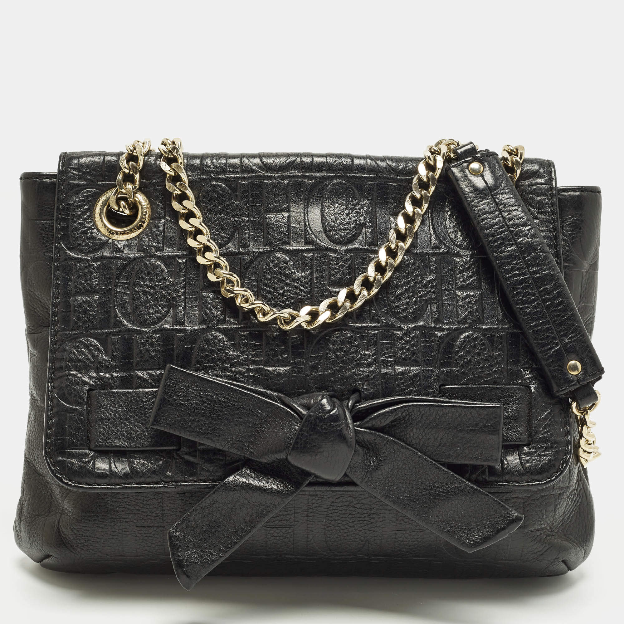 مملوكة مسبقًا حقيبة كتف سي إتش كارولينا هيريرا بأودي بفي بكعب جلد مونوجرامي أسود