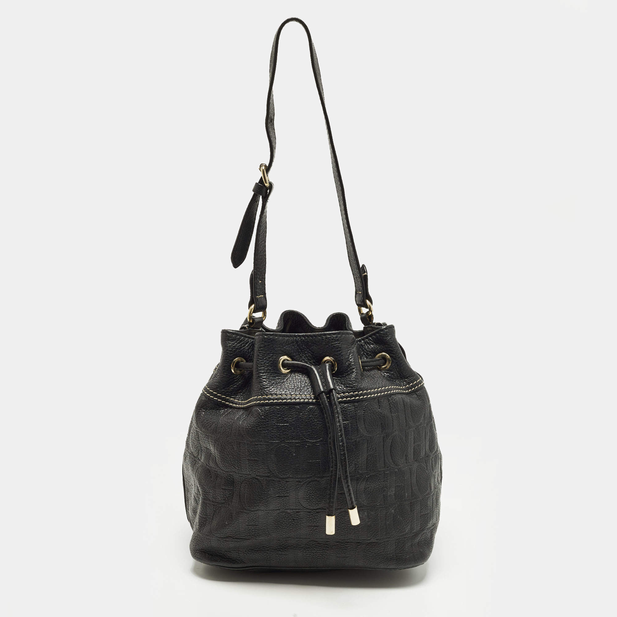 Pre Owned CH Carolina Herrera Black Monogram Embossed Leather Drawstring Bucket Bag