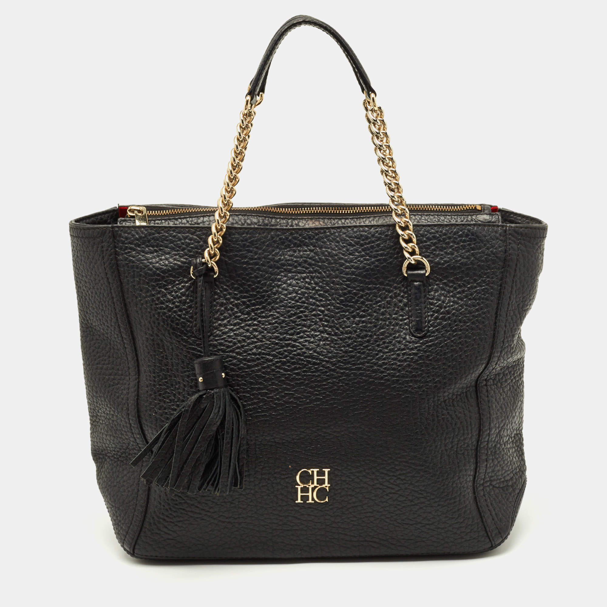 Pre Owned CH Carolina Herrera Tassel Top Zip Black Pebbled Leather Tote
