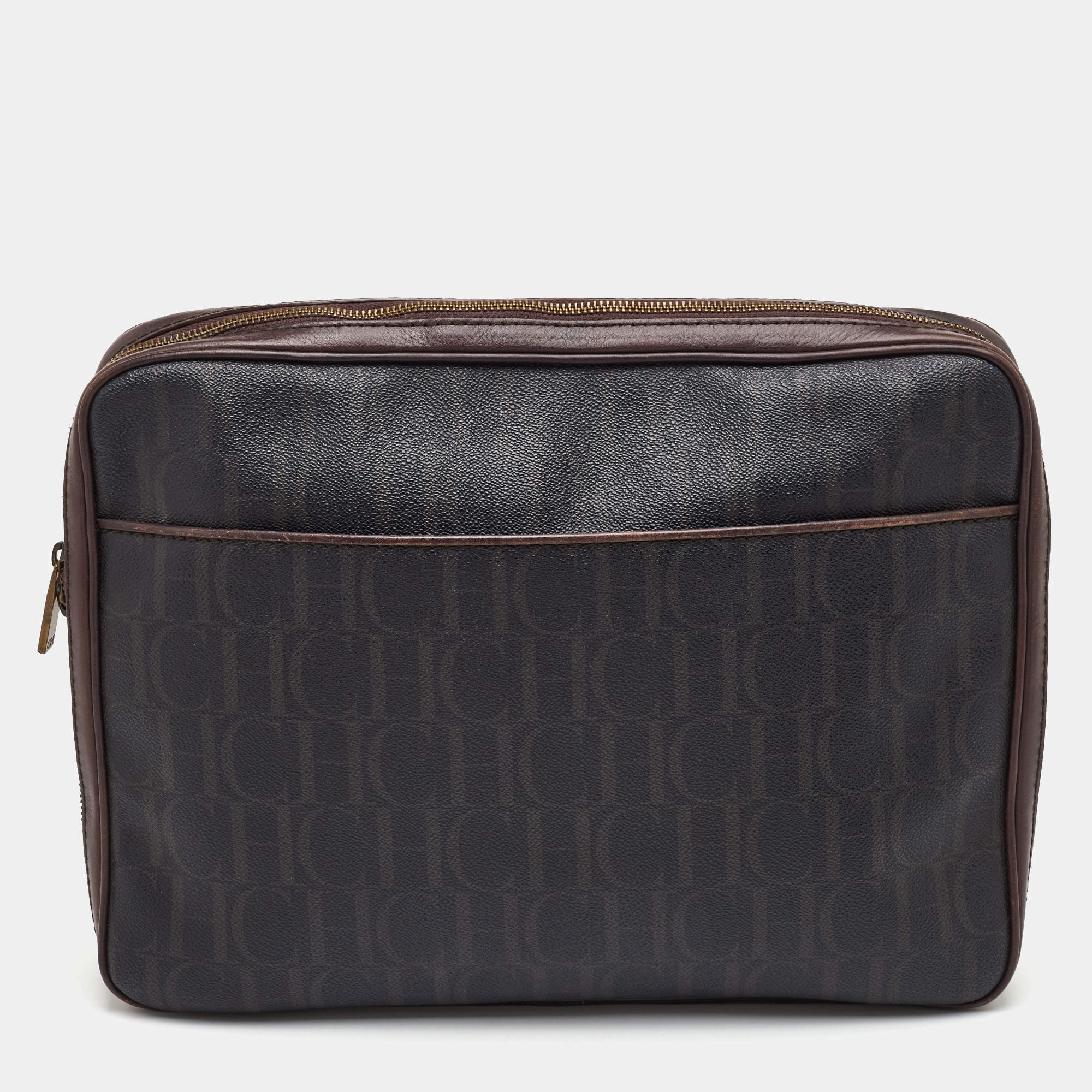 Pre Owned CH Carolina Herrera Brown Coated Canvas and Leather Laptop/Documents Holder Case