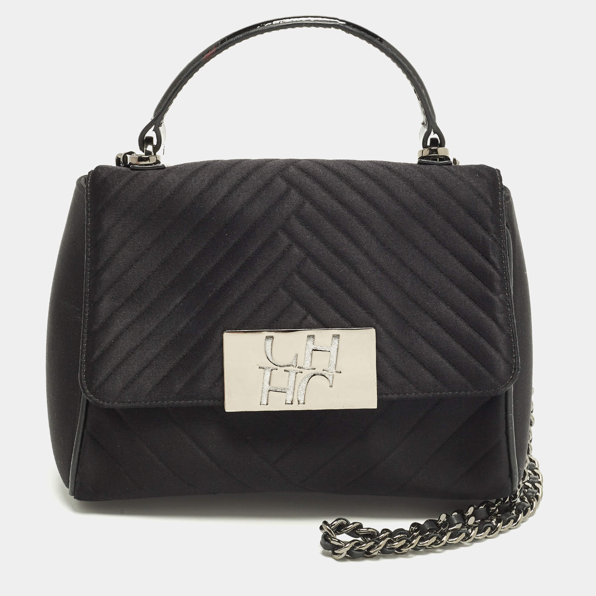 Pre Owned CH Carolina Herrera Black Quilted Satin Top Handle Bag