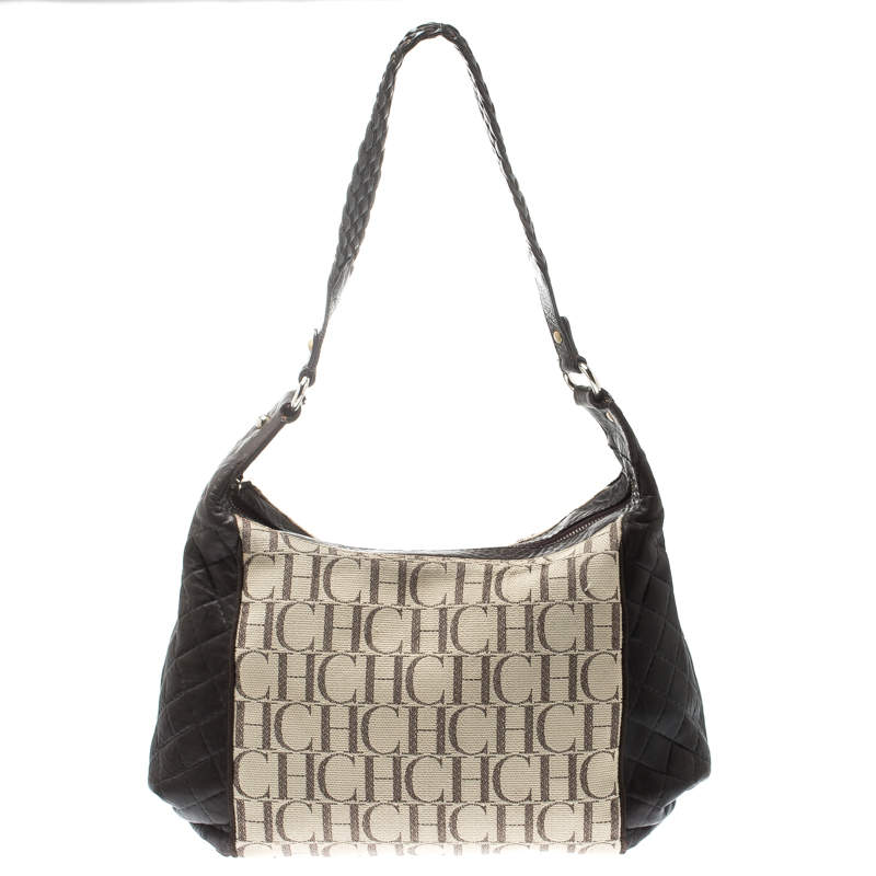 Pre Owned CH Carolina Herrera Brown/Beige Monogram Canvas and Leather Hobo