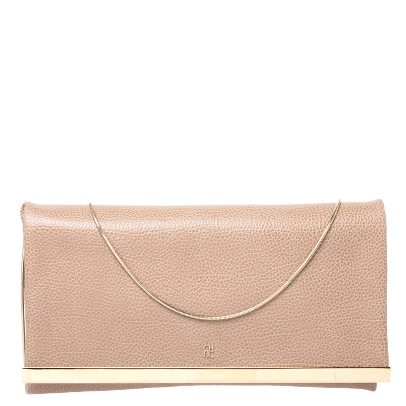Pre Owned Carolina Herrera Beige Leather Chain Clutch