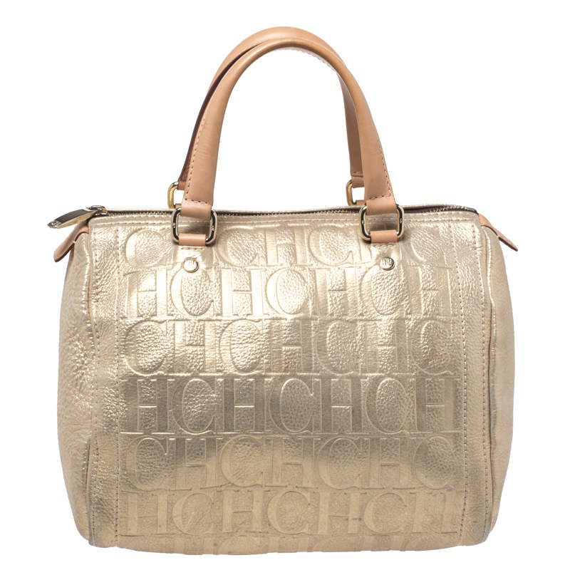 Pre Owned Carolina Herrera Metallic Gold Monogram Leather Andy Boston Bag           