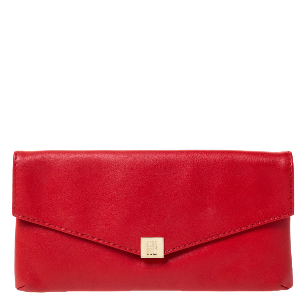 Pre Owned Carolina Herrera Red Leather Envelope Clutch