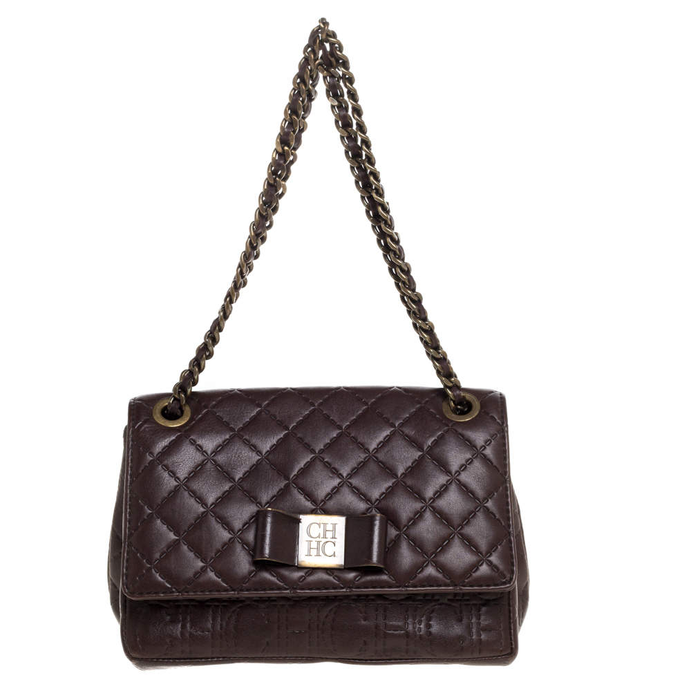 مملوكة مسبقًا CH Carolina Herrera Dark Brown Leather Bow Shoulder Bag