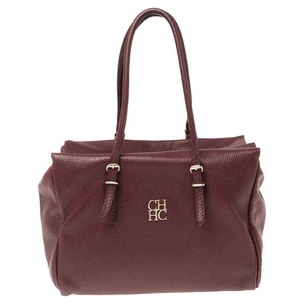 Pre Owned CH Carolina Herrera Burgundy Pebbled Leather Satchel