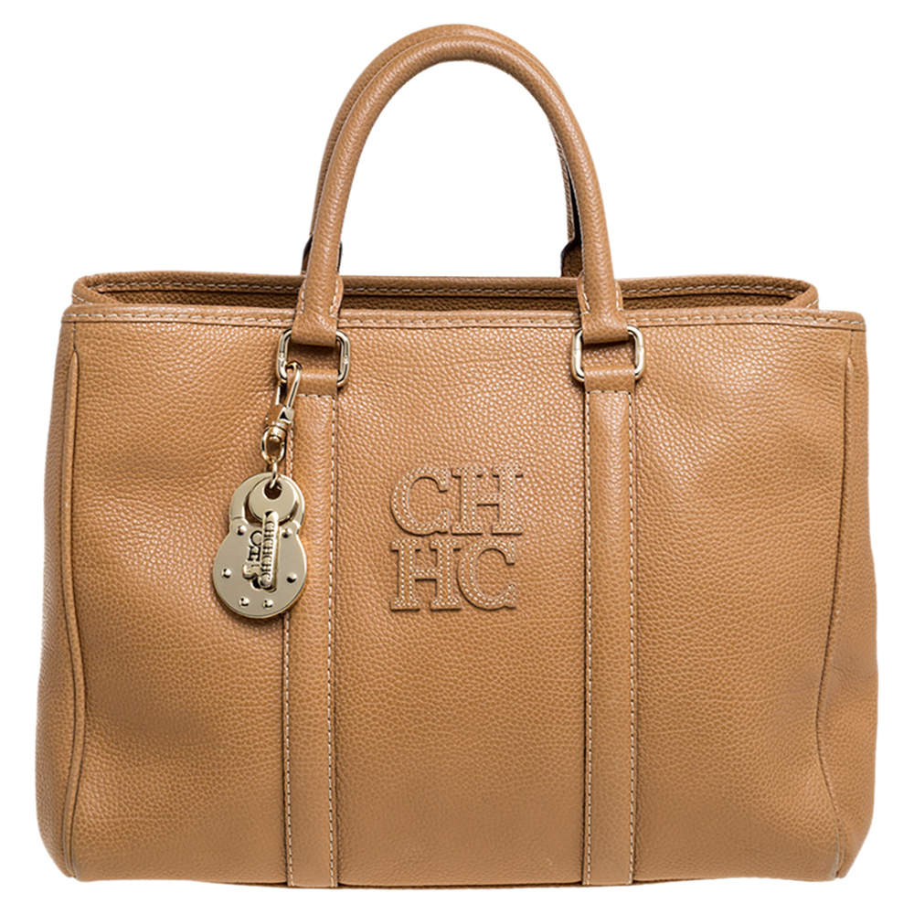 Pre Owned Carolina Herrera Beige Pebbled Leather Medium Matteo Tote