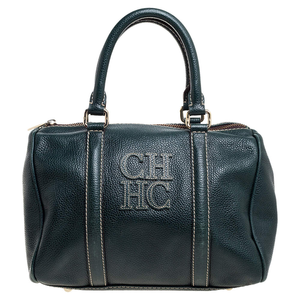 Carolina Herrera Green Monogram Leather Andy Boston Bag