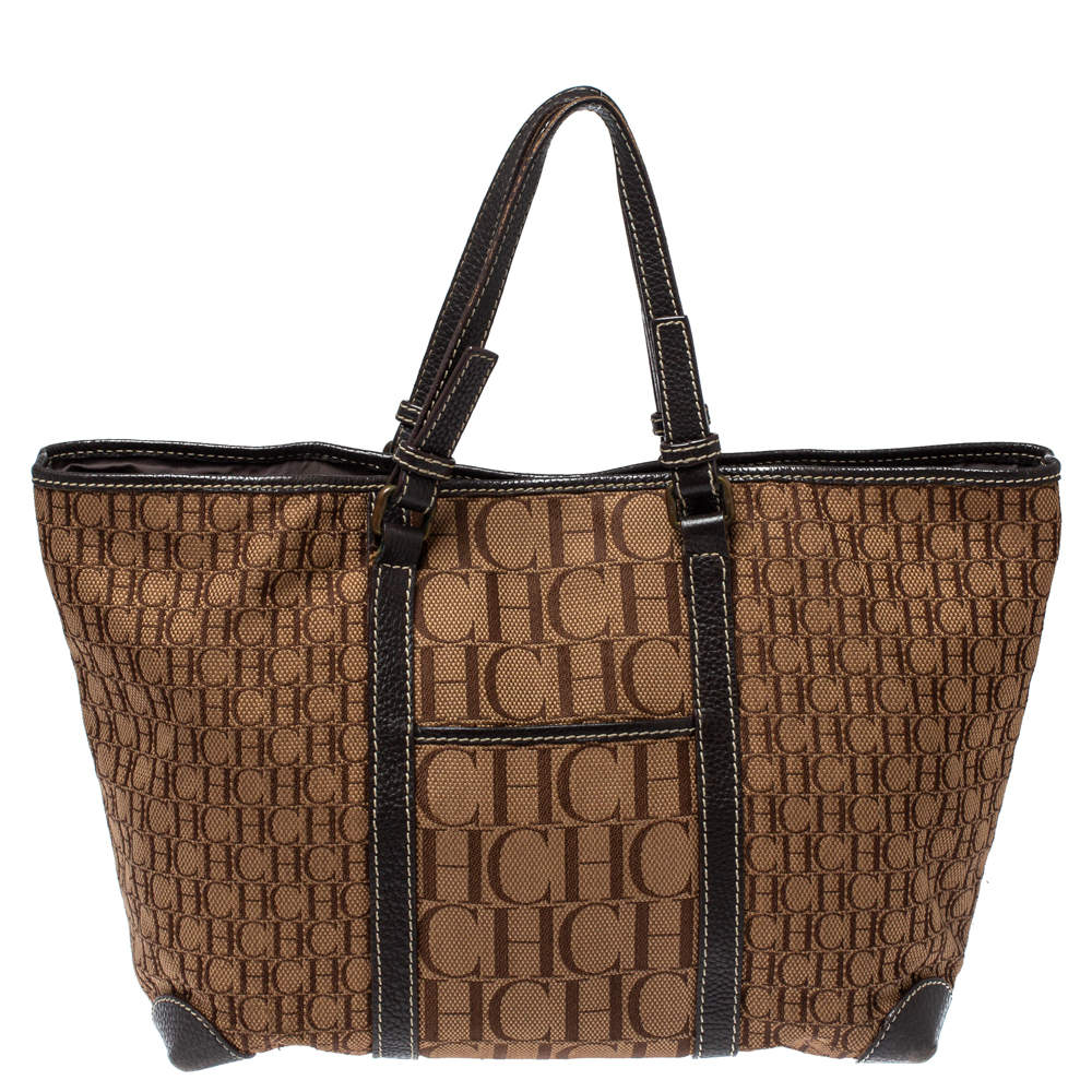 Pre Owned Carolina Herrera Brown Canvas and Leather Monogram Shopper Tote