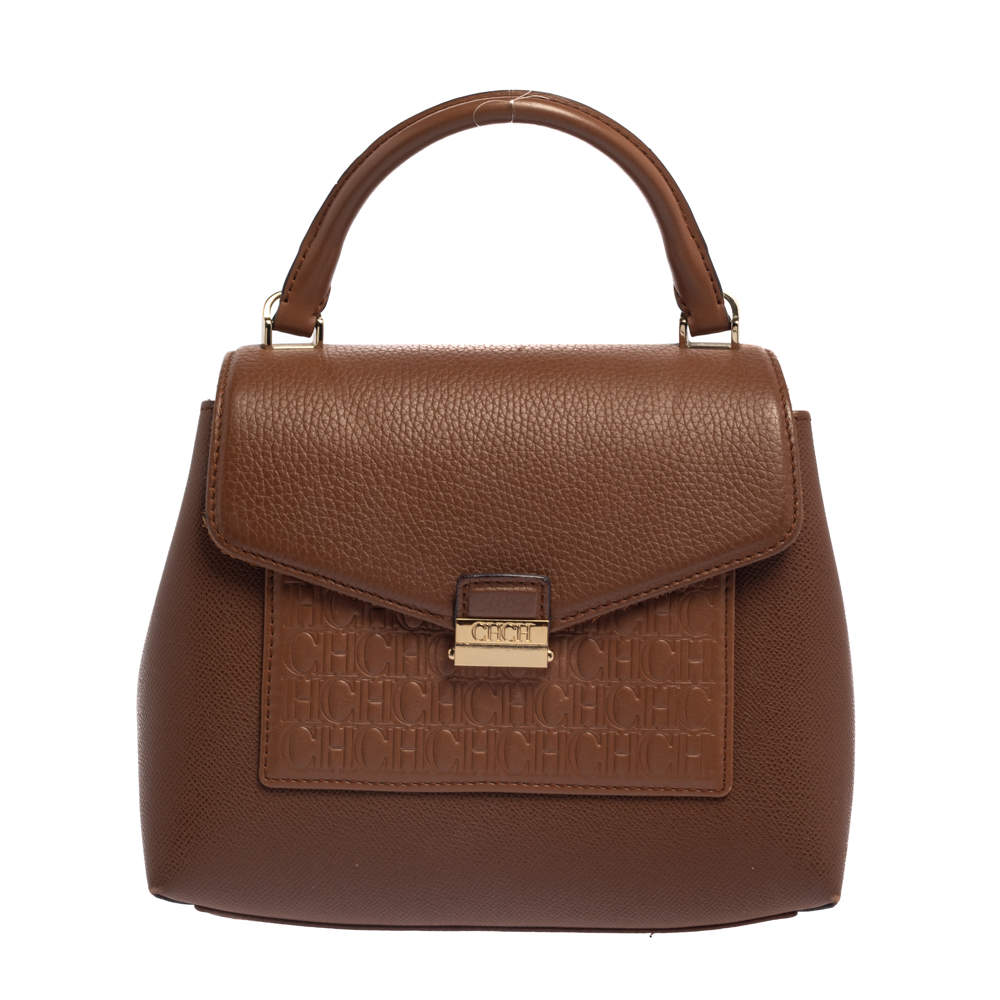 مملوكة مسبقًا حقيبة يد كارولينا هيريرا يد علوية قلاب جلد مونوغرامى بنية 