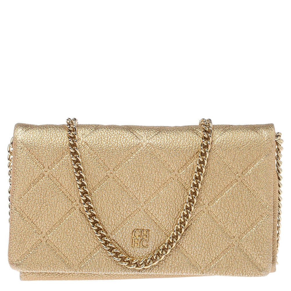 Carolina Herrera Metallic Gold Quilted Leather Flap Chain Shoulder Bag