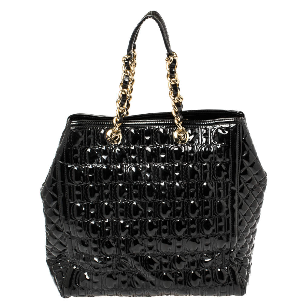 Pre Owned Carolina Herrera Black Embossed Monogram Patent Leather Chain Tote