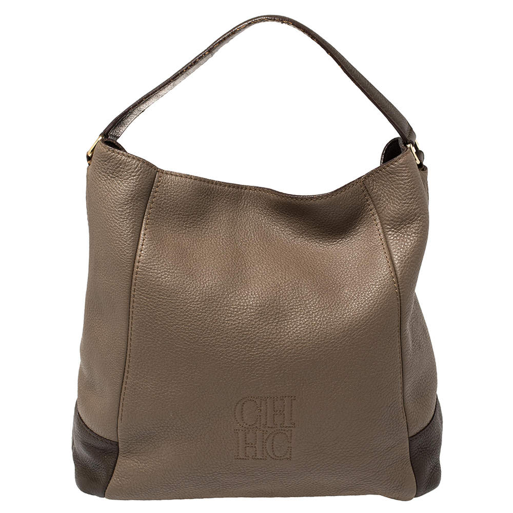 CH Carolina Herrera Two Tone Brown Pebbled Leather Hobo