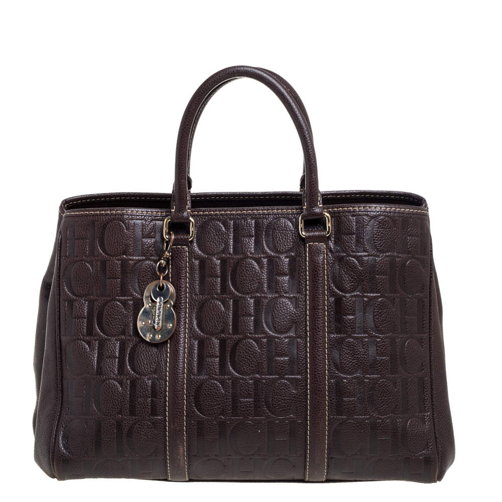 Pre Owned Carolina Herrera Brown Monogram Leather Matteo Tote
