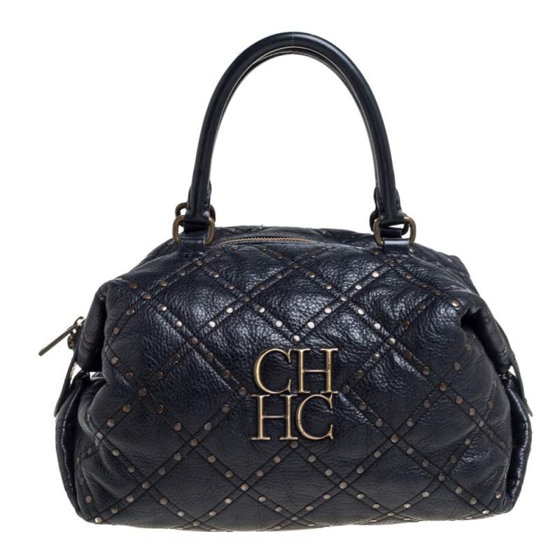 Carolina Herrera Black Quilted Leather Rivet Satchel CH Carolina