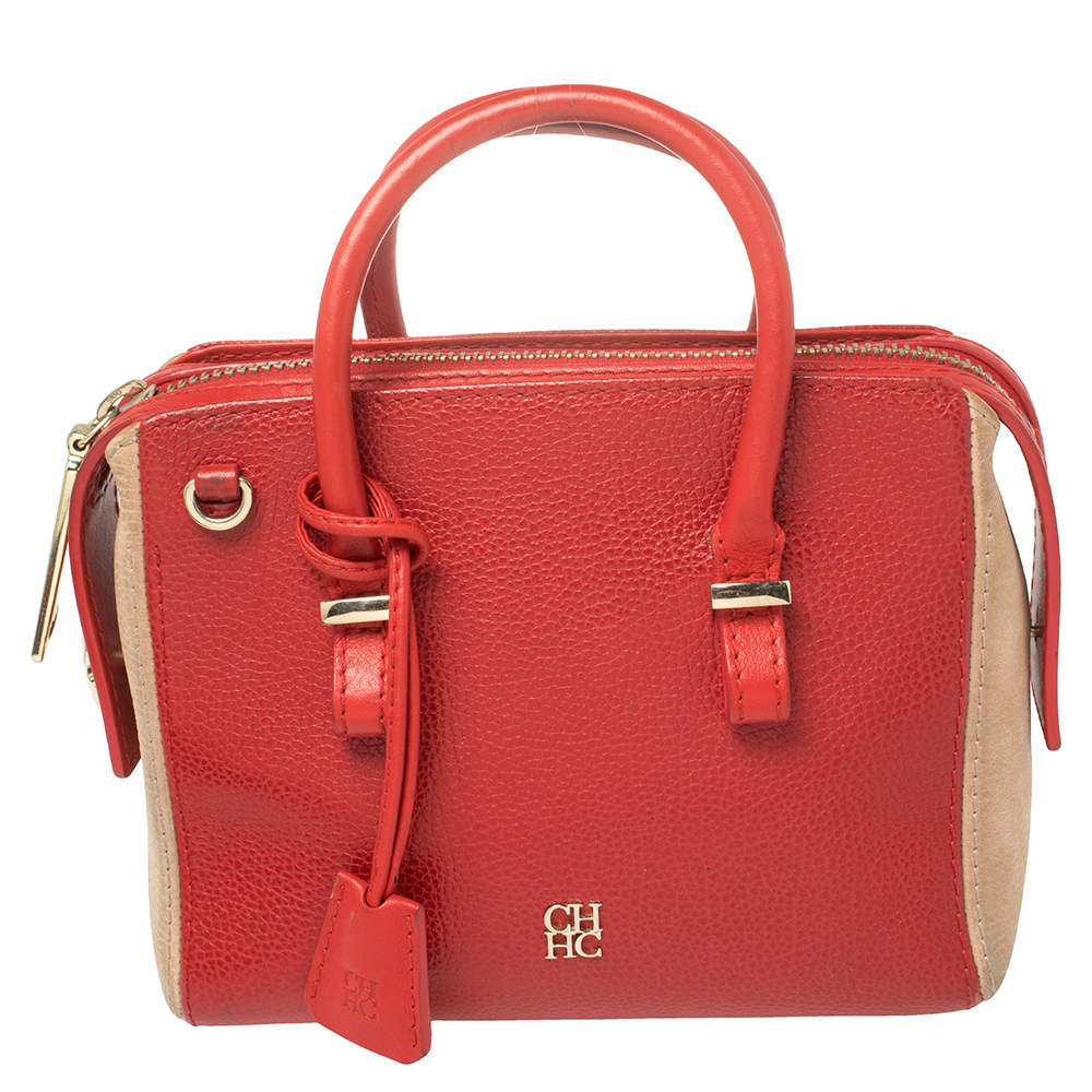 Pre Owned Carolina Herrera Red/Beige Leather and Nubuck Small Satchel