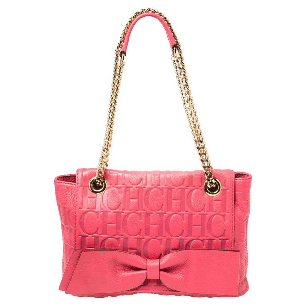 مملوكة مسبقًا Carolina Herrera Neon Pink Monogram Leather Audrey Shoulder Bag