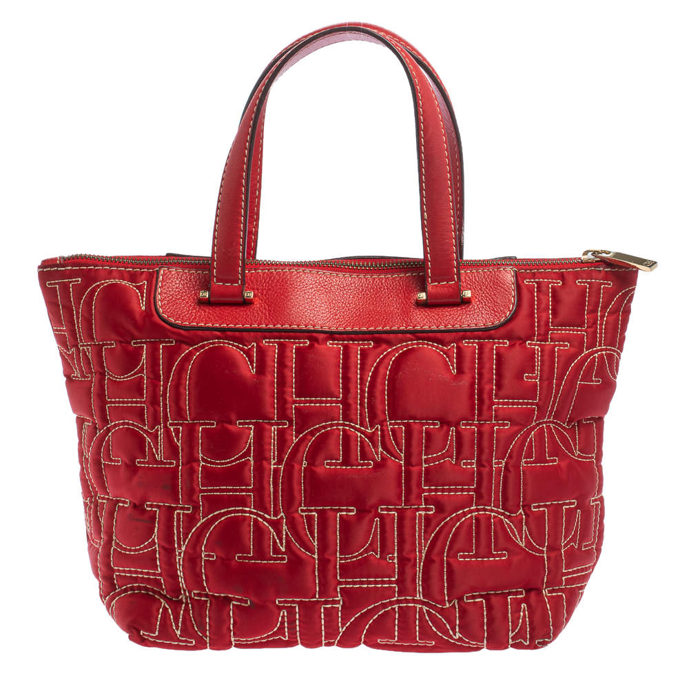 Pre Owned Carolina Herrera Red Monogram Stitch Nylon and Leather Shopper Tote