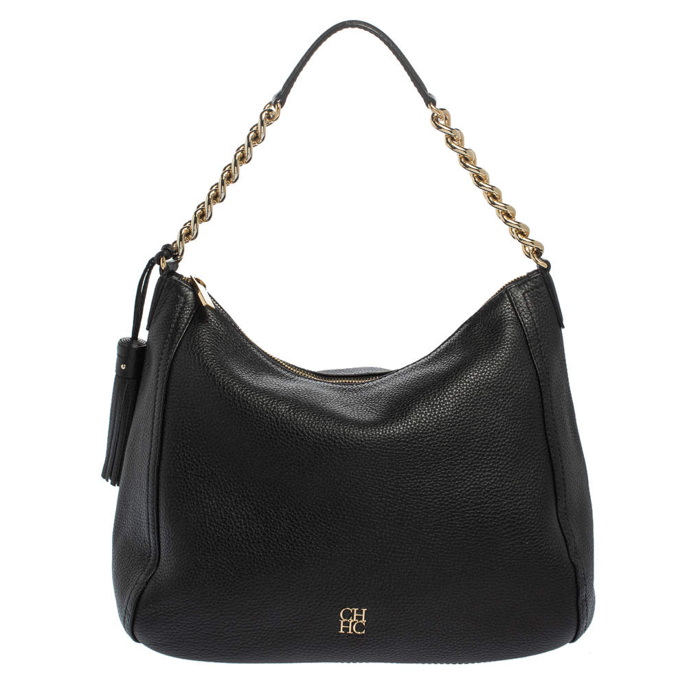 Pre Owned Carolina Herrera Black Pebbled Leather Hobo