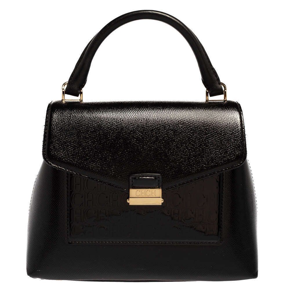 Pre Owned Carolina Herrera Black Monogram Patent Leather Flap Top Handle Bag