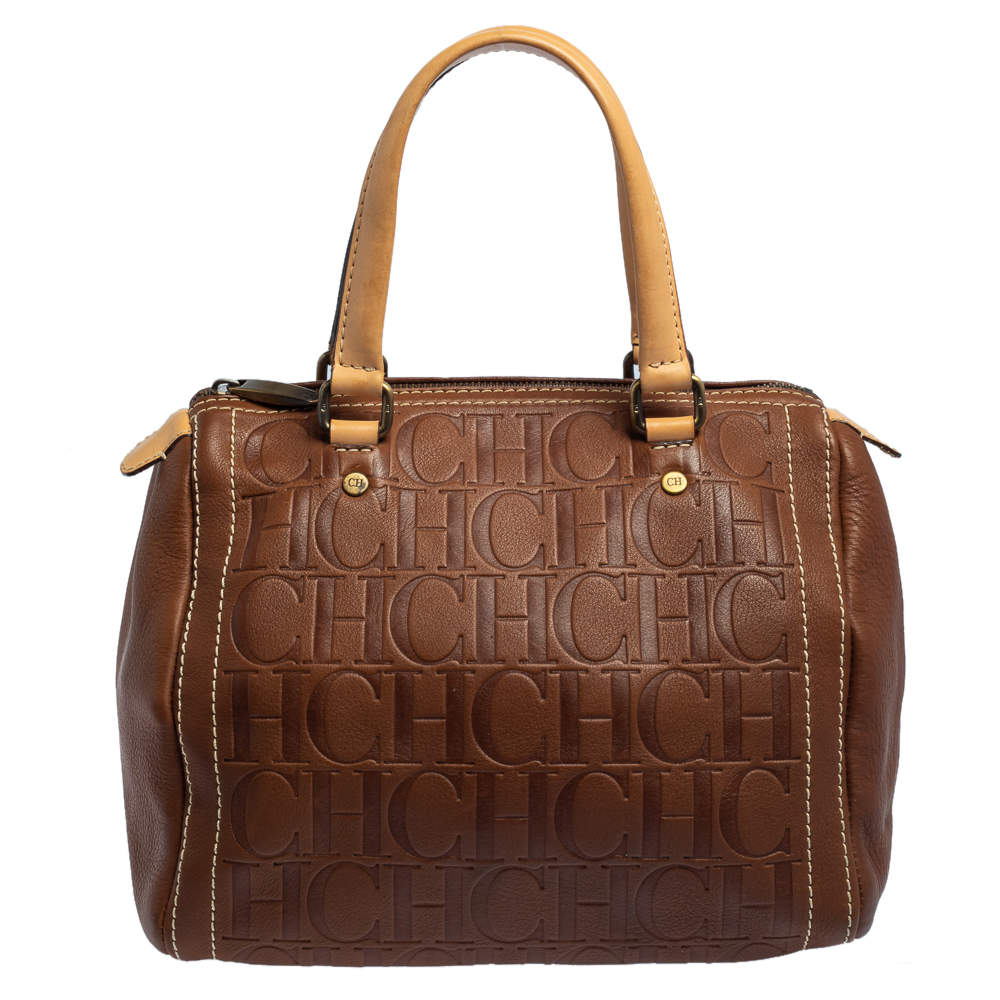 Pre Owned Carolina Herrera Brown Monogram Leather Andy Boston Bag