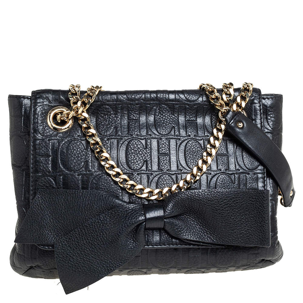 Pre Owned Carolina Herrera Black Monogram Leather Audrey Shoulder Bag