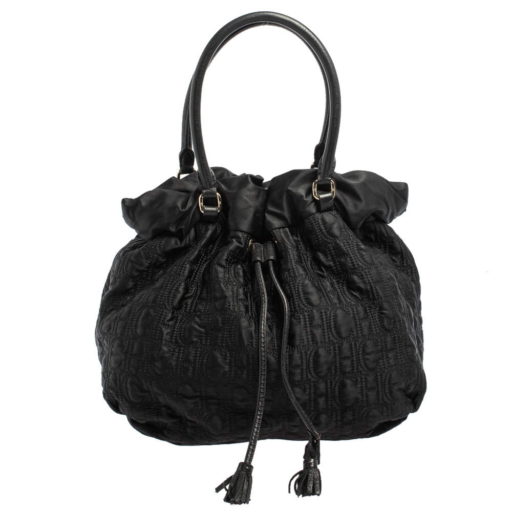 CH Carolina Herrera Black Embossed Nylon Bow Bucket Bag