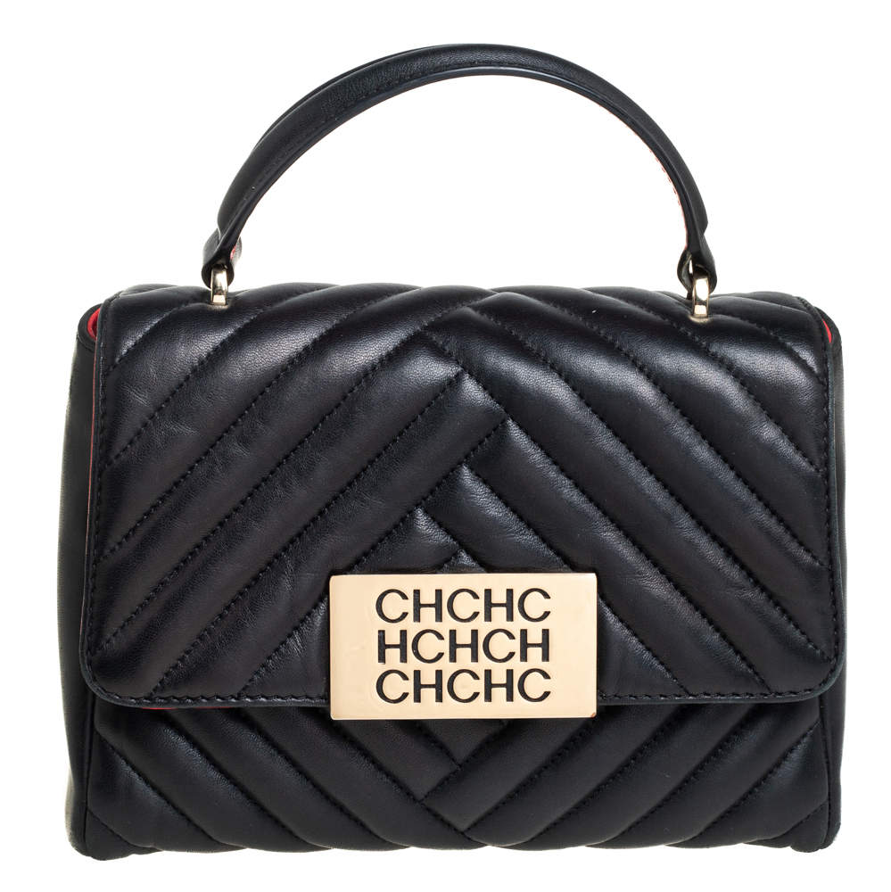 Pre Owned Carolina Herrera Black Quilted Leather Flap Top Handle Bag