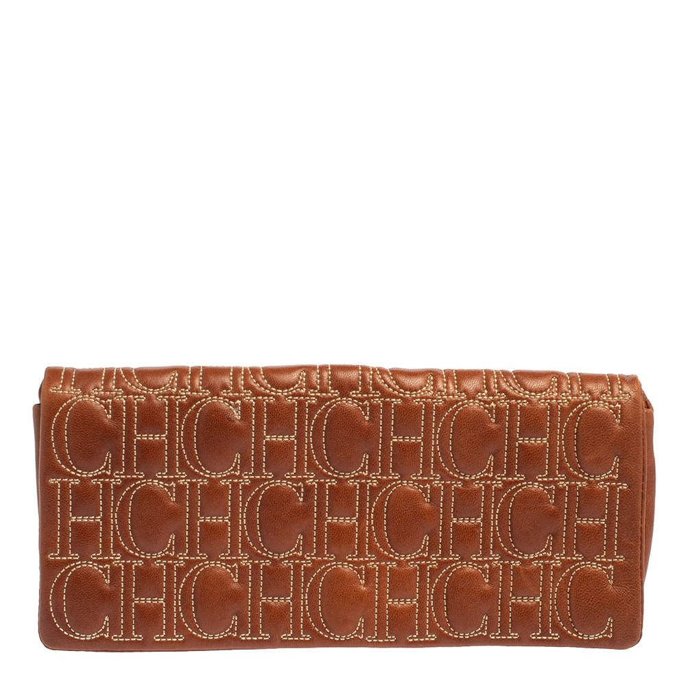 Pre Owned Carolina Herrera Brown Monogram Leather Clutch