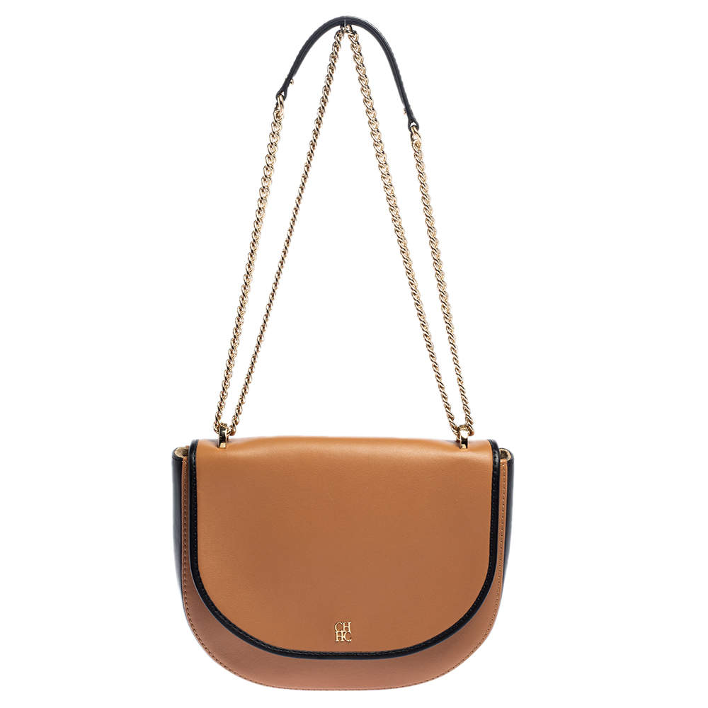 Pre Owned حقيبة كتف كارولينا هيريرا قلاب بسلسلة جلد بني/ أسود  