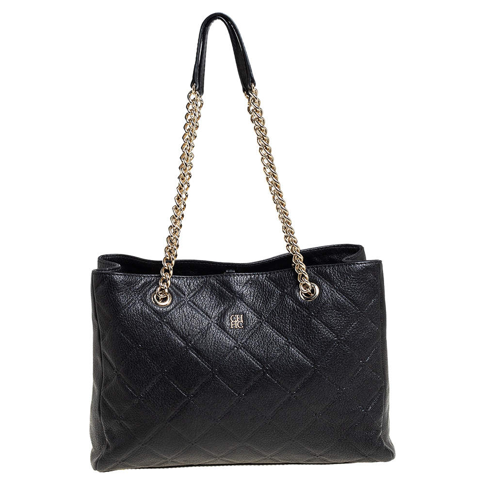 Pre Owned حقيبة يد كارولينا هيريرا شوبر جلد مبطن أسود