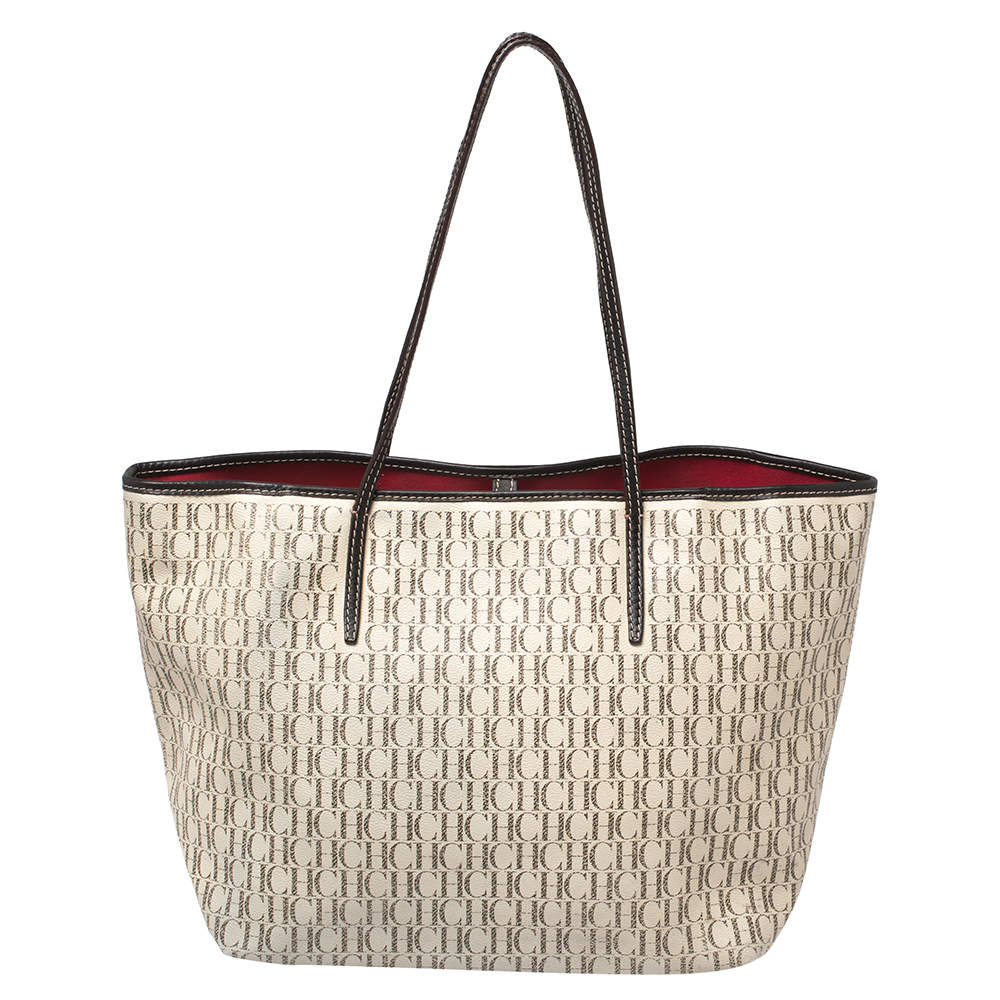 Pre Owned CH Carolina Herrera Cream/Black Monogram Coated Canvas And Leather Shopper Tote