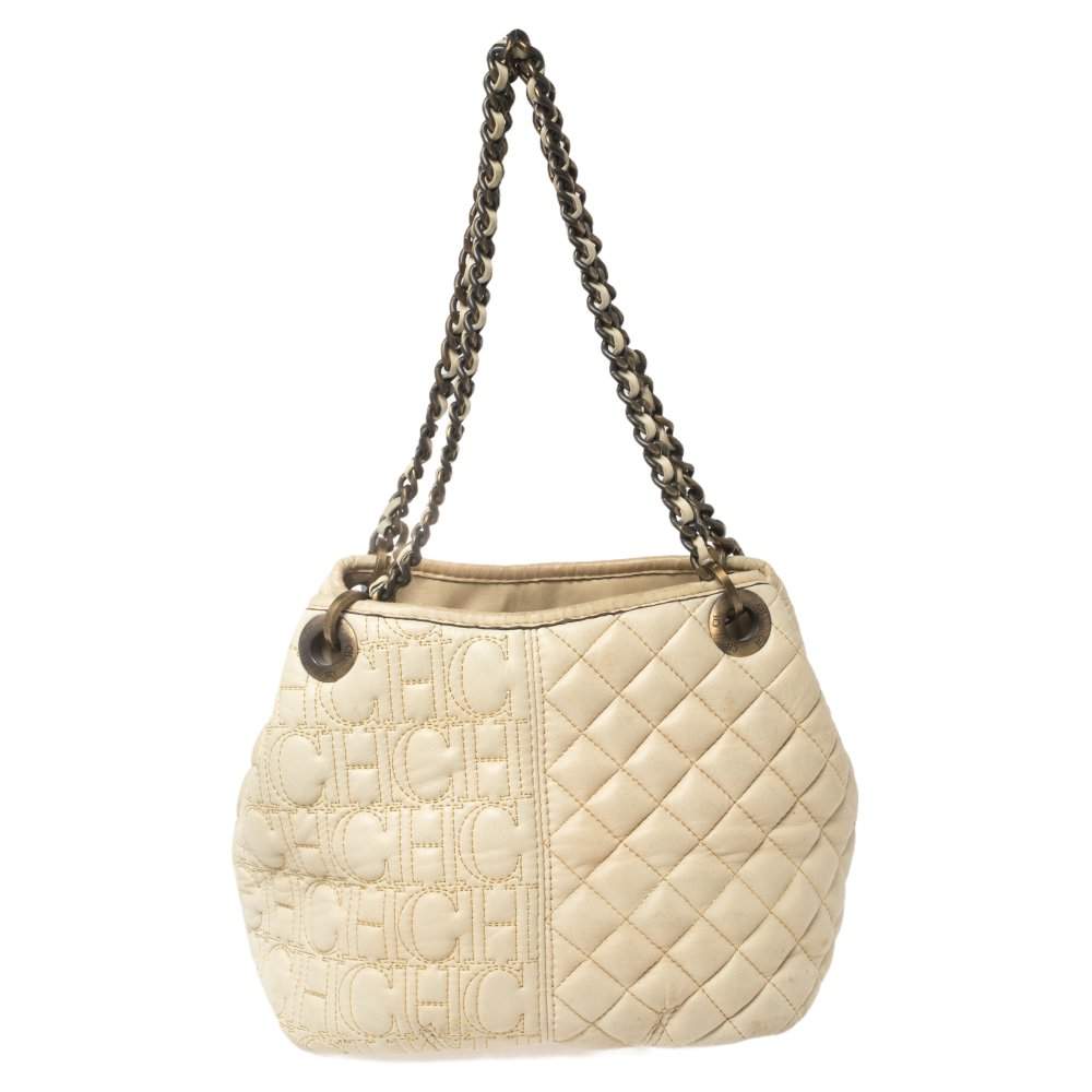 Pre Owned Carolina Herrera Cream White Quilted Monogram Leather Chain Tote